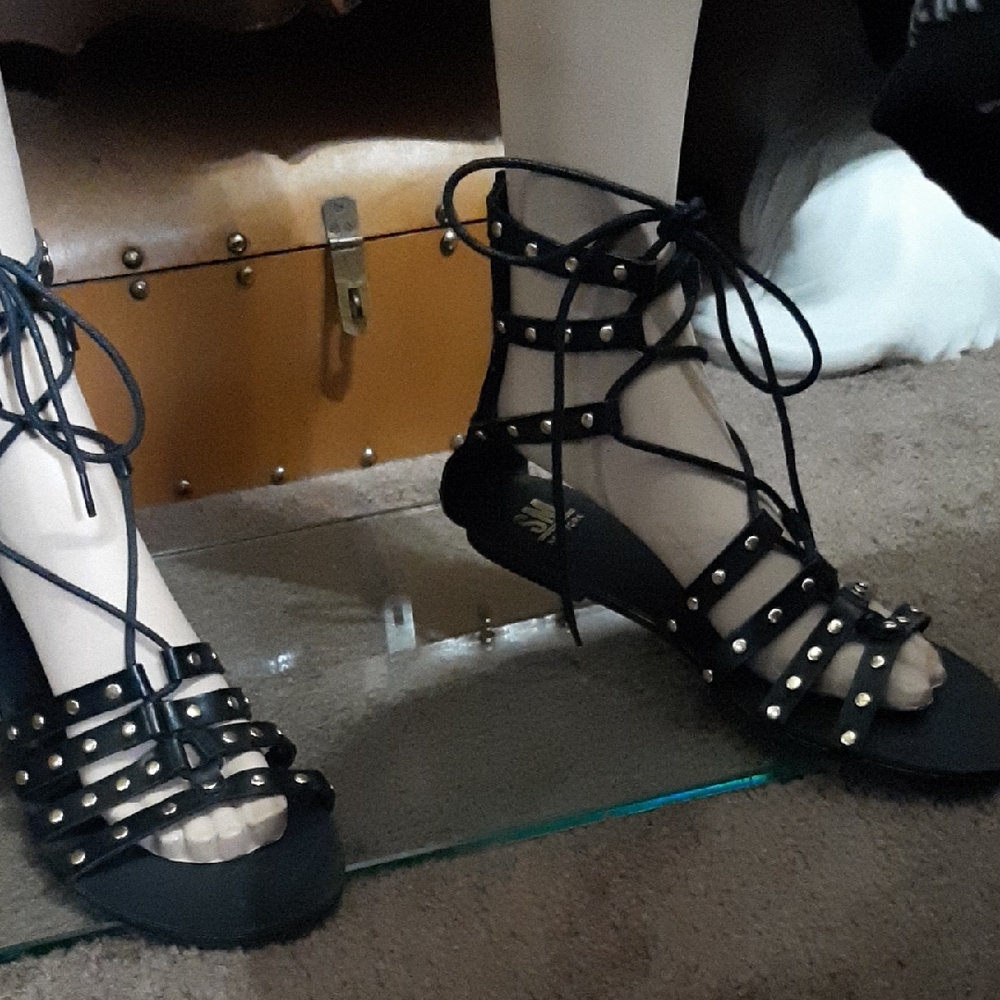 SM New York Black Studded Lace-Up Sandals